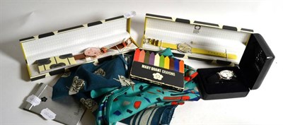 Lot 381 - Two Orla Kiely watches, Mary Quant scarves and crayons etc