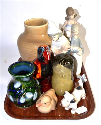 Lot 382 - A tray including two pieces by Anita Harris; a Moorcroft pottery ribbed vase; three Lladro figures