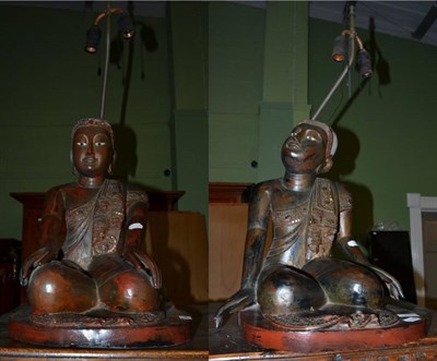 Lot 398 - Two modern figural lamps in the form of kneeling Buddhist monks