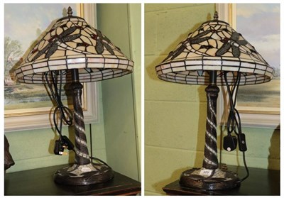 Lot 409 - A pair of Tiffany style table lamps, with dragonfly decoration