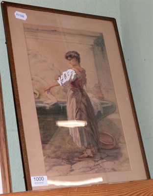 Lot 1000 - Guido Bach (1828-1905) Young woman washing, signed (lower right) watercolour, heightened in...