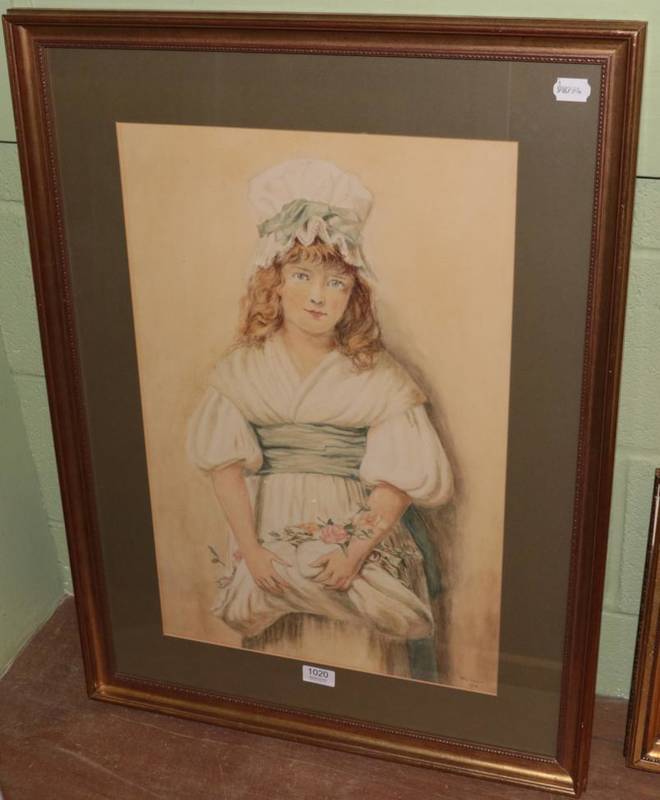 Lot 1020 - Kitty Gibson, Portrait of a young girl wearing a bonnet, signed and dated 1925, watercolour,...