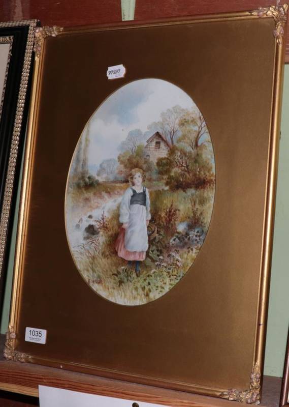 Lot 1035 - S M Scott (19th century) Young girl by a stream, signed, oval mount, painted on opaque glass panel