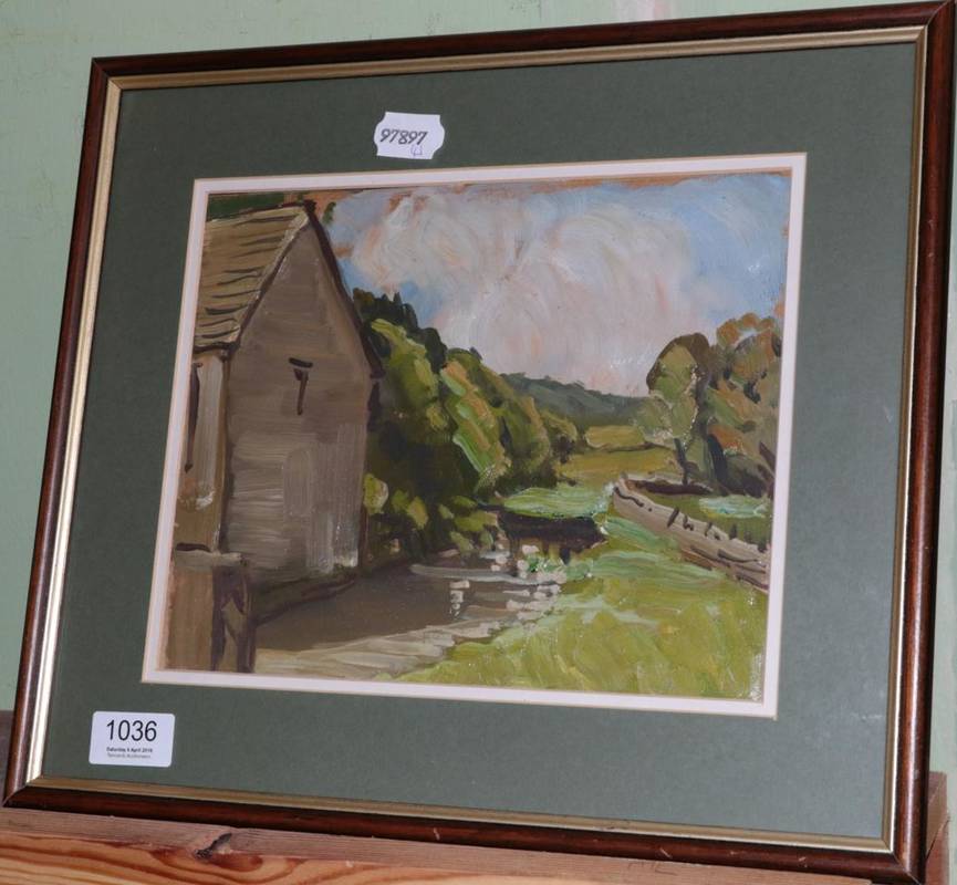Lot 1036 - Attributed to Frank Forty (1902-1996) Landscape with mill and stream, unsigned, oil on canvas, 38cm