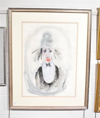Lot 1083 - Michael Gibbison (20th century), Max Wall Clown, signed, mixed media, 74cm by 54cm