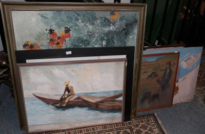 Lot 1090 - Five 20th century oils of figures in landscapes by the same hand together with a large oil on...