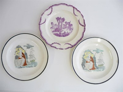 Lot 146 - A Creamware Plate, circa 1770, printed in puce with figures amongst classical ruins within a...