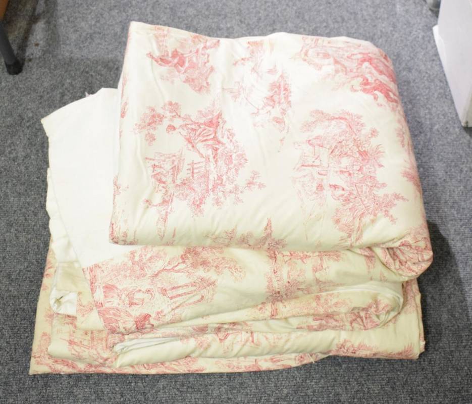 Lot 1096 - A pair of pink and white toile curtains and a centre panel, 7ft (214cm) drop