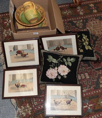 Lot 1137 - Three pieces of French pottery (a.f.); a set of six cock fighting prints; and two floral cushions