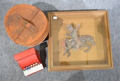 Lot 1165 - A leather hat box; a top hat; a tin plate child's till; and handmade wooden pegs
