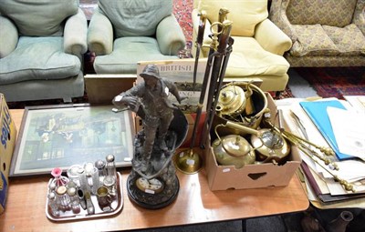 Lot 1173 - Various silver topped and other dressing table jars, a box of brass including kettles and...
