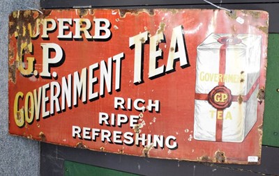 Lot 1175 - G P Covernment tea enamel advertising sign 'Superb ... rich, ripe, refreshing' white/black...