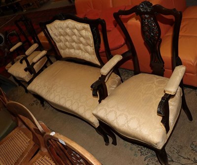 Lot 1187 - Edwardian three piece salon suite; together with a mother-of-pearl inlaid occasional chair (4)