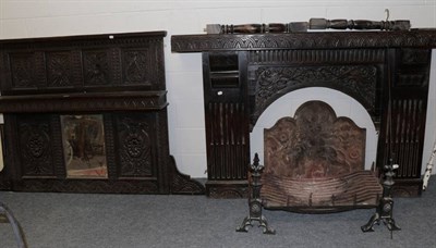 Lot 1194 - A Victorian carved oak fire surround, fire back, dogs and grate