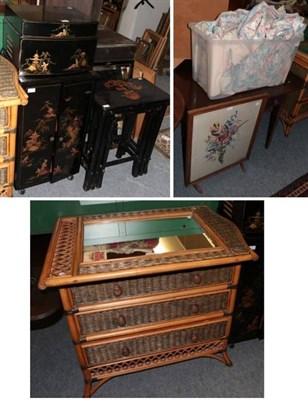 Lot 1200 - Needlework firescreen, drop-leaf table; wicker framed mirror with matching chest of drawers;...