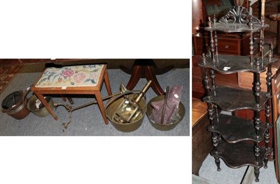 Lot 1208 - A Victorian whatnot; an Arts & Crafts fire curb; brass wares; carriage lamp etc