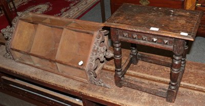 Lot 1256 - An oak joint stool and an oak glazed hanging corner cupboard