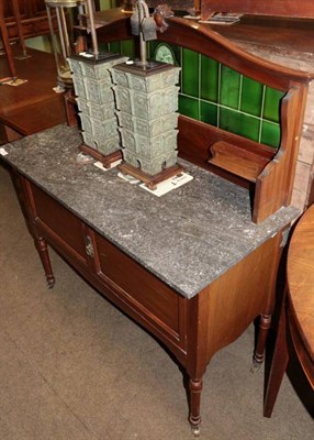 Lot 1297 - A late Victorian washstand with green tile back and grey marble top