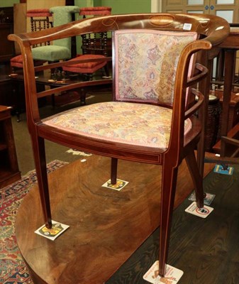 Lot 1305 - An Edwardian mahogany and inlaid bow back chair, shell patera, upholstered back and seat,...