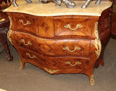 Lot 1311 - A reproduction bombe commode in the Louis XV style, with marble top, 134cm by 56cm, 96.5cm high