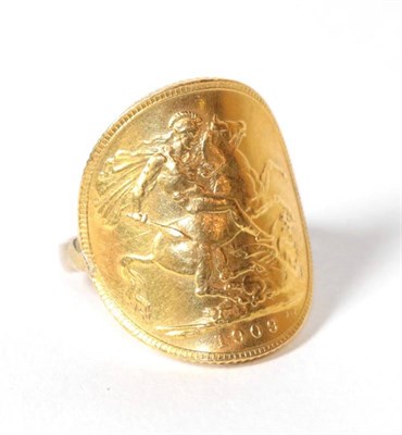 Lot 168 - A 1909 gold sovereign, shaped and mounted as a ring, finger size L