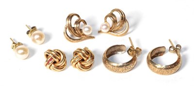 Lot 172 - Three pairs of 9 carat gold earrings; and another pair of earrings, unmarked