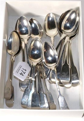 Lot 174 - Three sets of six George III/Victorian fiddle pattern teaspoons, various dates and makers,...