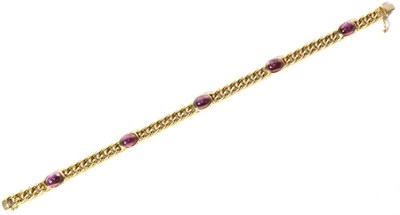 Lot 176 - An Italian 18 carat gold bracelet set with five oval cabochon cut amethysts, length 18.5cm