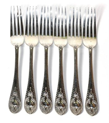 Lot 182 - A set of six late Victorian silver table forks, Walker & Hall, Sheffield 1895, with gadroon...