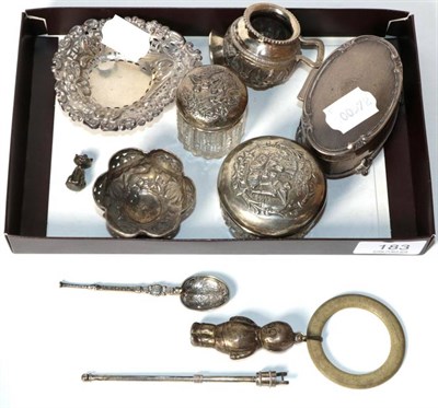 Lot 183 - A 1920s champagne stirrer stamped 'STERLING', and a small group of silver dressing table and...