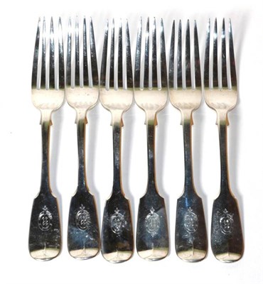 Lot 195 - A set of six Victorian fiddle pattern silver table forks, Charles Boyton, London 1868, 10.2ozt