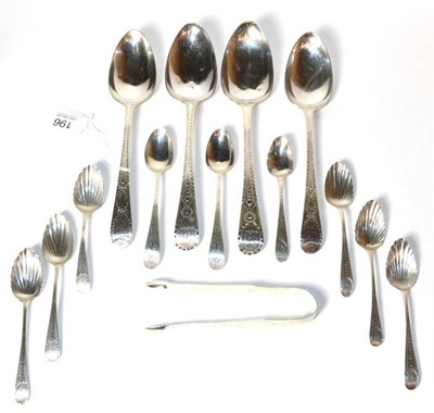 Lot 196 - A pair of George III bright engraved silver table spoons, Thomas Wallis, London 1807; and a further