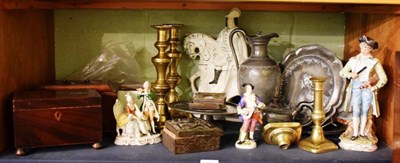 Lot 220 - Two 19th century tea caddies, pewter, brass candlesticks etc