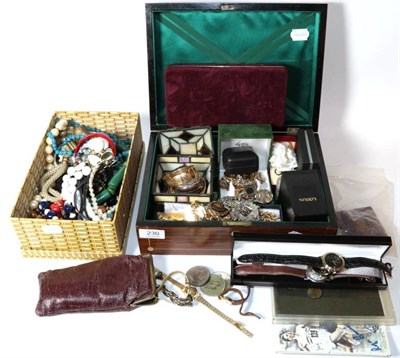 Lot 230 - Assorted costume jewellery, watches, coins etc (in two boxes)
