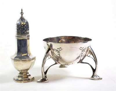 Lot 243 - A silver octagonal pedestal caster, William Hutton & Sons; and an Art Nouveau silvered bowl,...