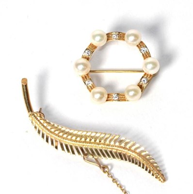 Lot 277 - An Italian 18 carat gold leaf brooch, English import marks, length 5.5cm; and a circular pearl...