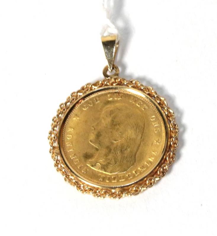 Lot 280 - A Dutch 10 Gulden 1897, in a pendant mount stamped '585'