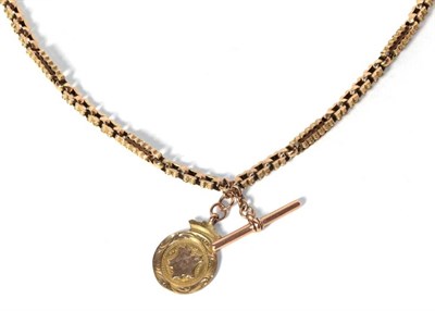 Lot 282 - A star and bar Albert chain with T-bar, stamped '9C' and attached 9 carat gold medal