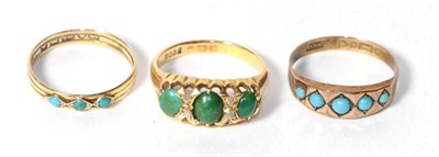 Lot 288 - Two 18 carat gold and turquoise set rings, finger sizes N and O1/2; and a further 9 carat gold...
