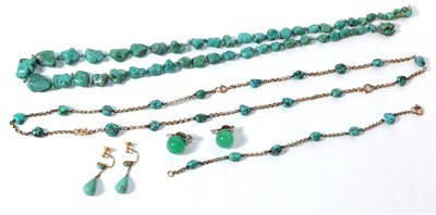 Lot 289 - A turquoise necklace, length 56cm; a turquoise necklace, length 60cm and a matching bracelet,...