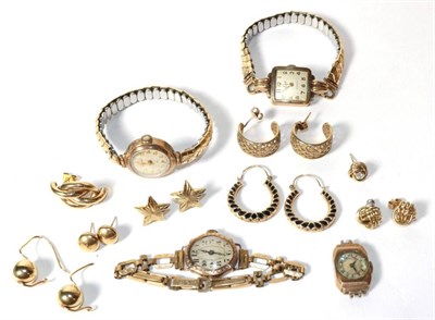 Lot 292 - Three lady's wristwatches; a lady's watch face; five assorted pairs of earrings; and other assorted