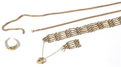 Lot 294 - A 9 carat gold gate link bracelet; a 9 carat gold keeper ring; and a 9 carat gold box link...