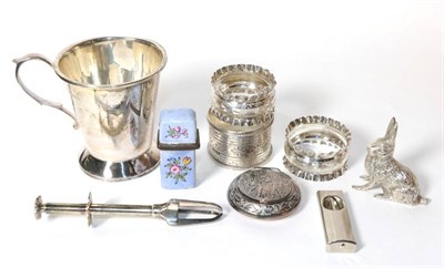 Lot 307 - A 19th century enamel decorated scent bottle holder and contents (a.f.); silver napkin rings;...