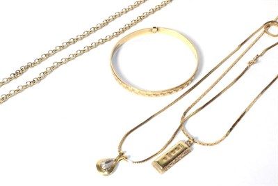 Lot 317 - A 9 carat gold belcher link chain, length 50cm; a 9 carat gold bangle; a 9 carat gold ingot pendant