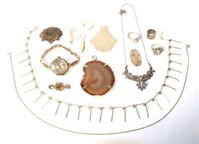 Lot 319 - A lady's 9 carat gold wristwatch on expanding bracelet (a.f.), an agate pendant, a necklace, a pair