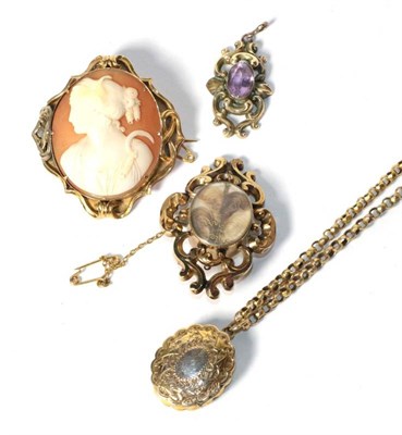 Lot 328 - A locket on chain, chain length 48cm; a mourning brooch; a cameo brooch; and a pendant