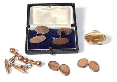 Lot 330 - Three pairs of 9 carat gold cufflinks and a citrine fob