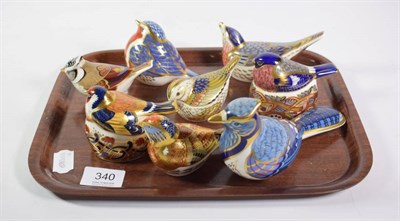 Lot 340 - Royal Crown Derby Imari paperweights: Linnet, Bullfinch Nesting, Goldfinch Nesting, Crested...