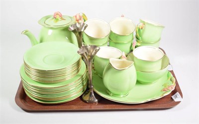 Lot 343 - A Royal Winton tea service, green ground with pink fuscia handles; and a pair of silver posy vases