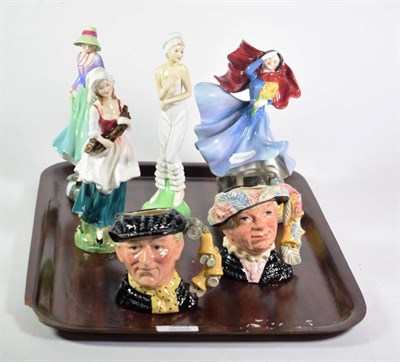Lot 353 - Royal Doulton pottery comprising four various china figures and a pair of small character jugs
